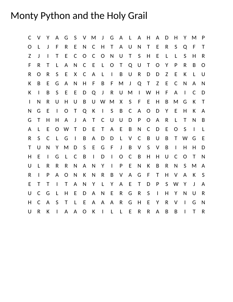 Monty Python and the Holy Grail word search with characters like King Arthur and Killer Rabbit.