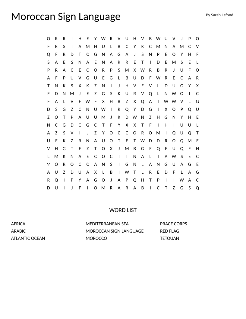 Moroccan Sign Language word search with words like Tetouan, Mediterranean Sea, and Morocco.