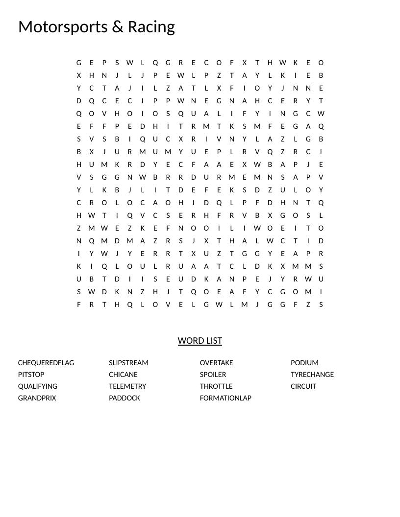 Motorsports racing word search with terms like checkered flag, pit stop, and Grand Prix.