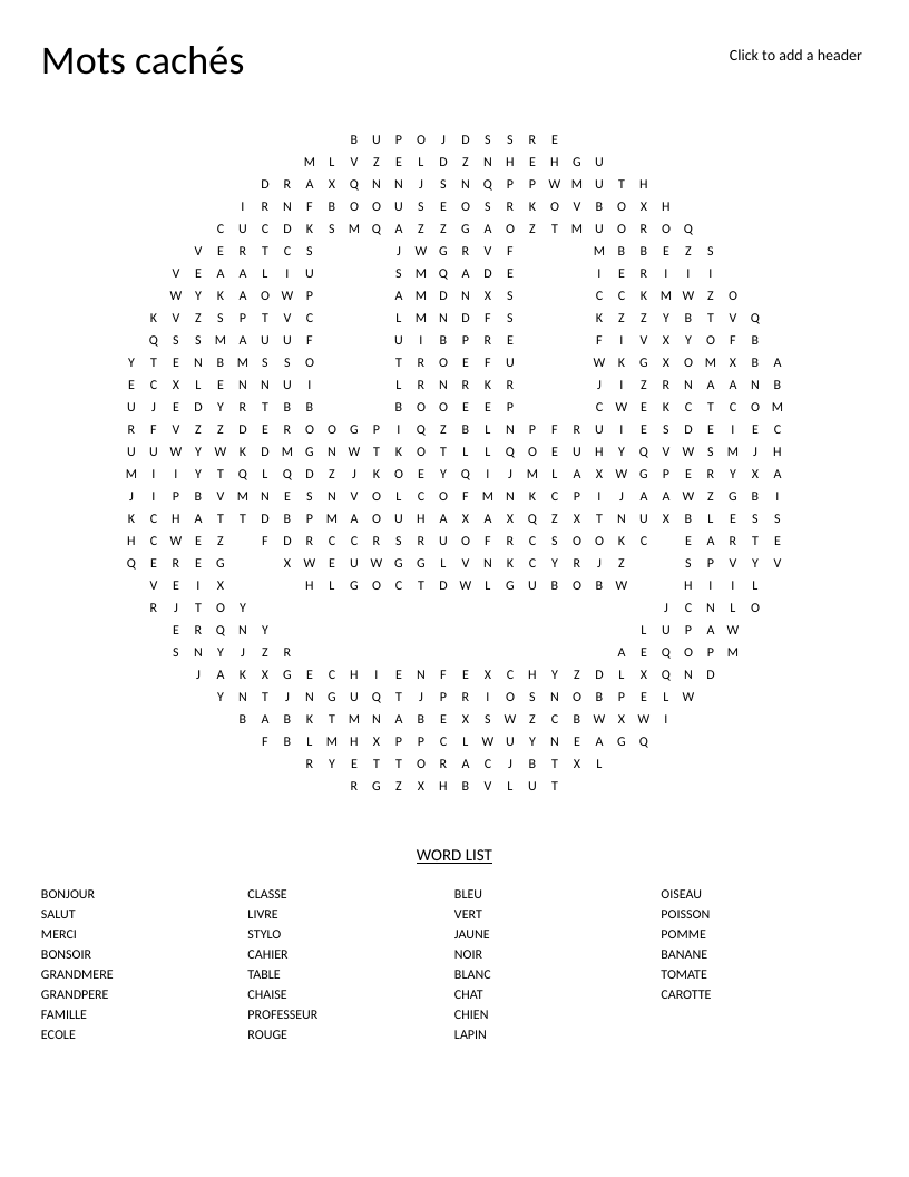 Smiley-shaped French vocabulary word search with words like bonjour, chat, and pomme.
