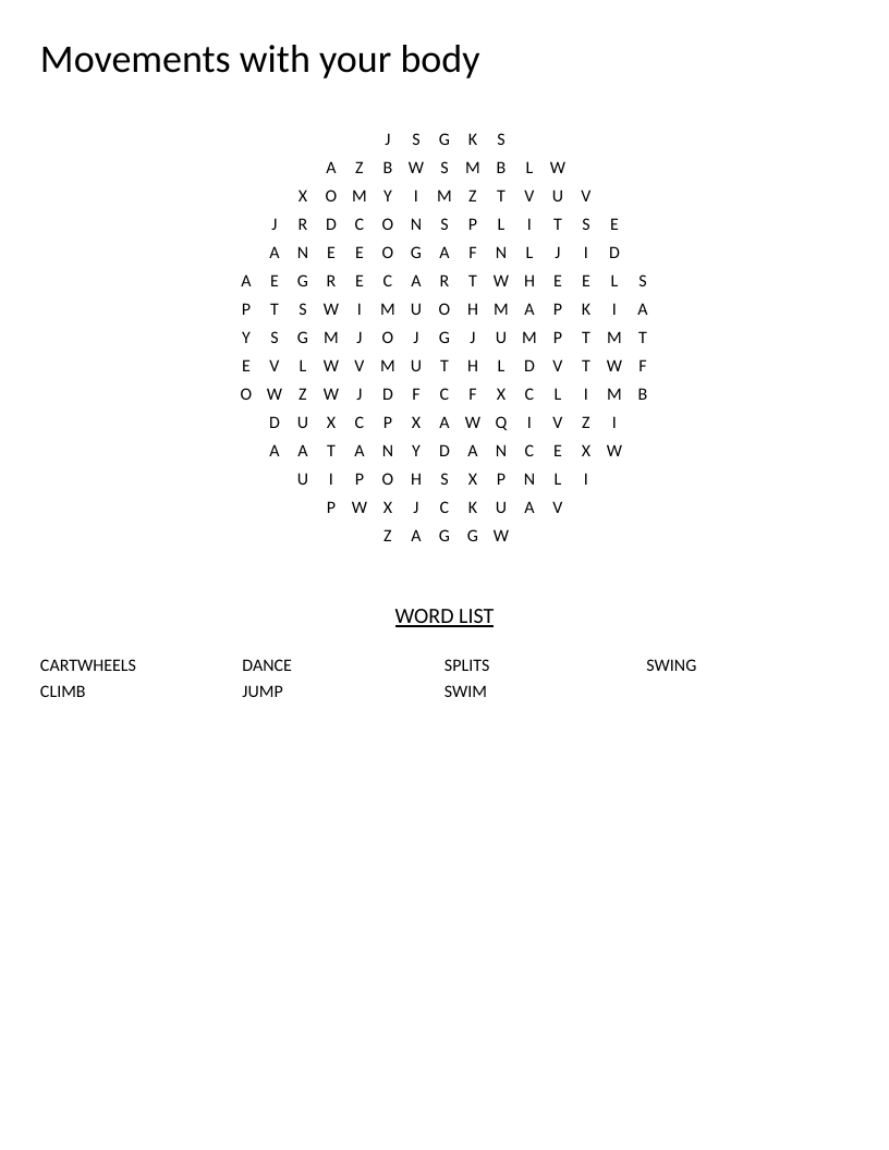 Circle-shaped body movements word search with action words: swim, dance, jump, cartwheels.