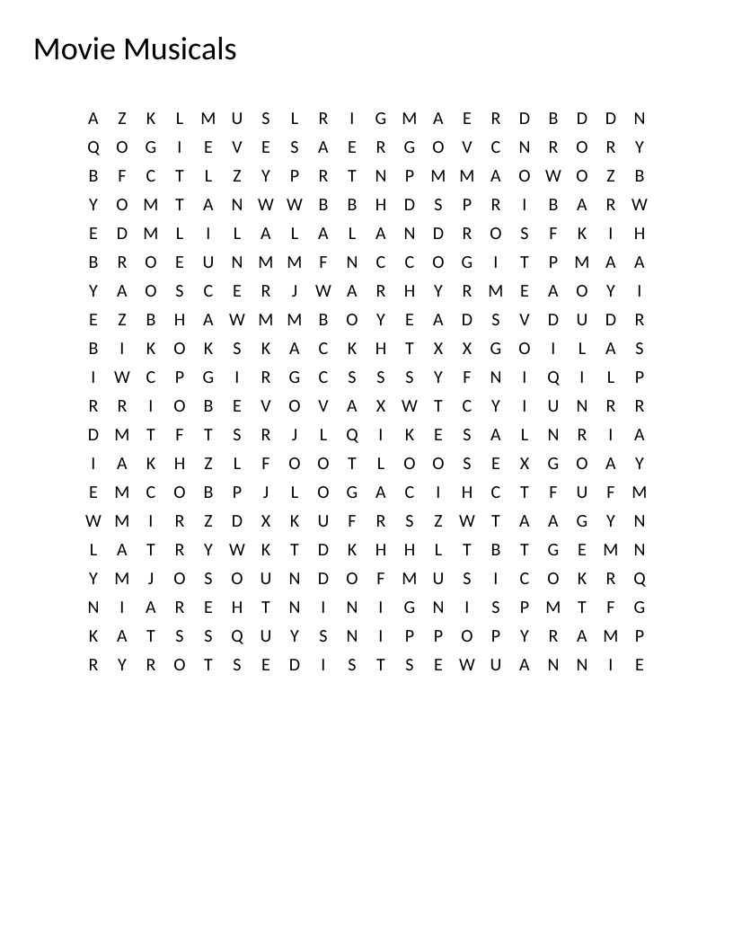 Movie musicals word search featuring titles like The Sound of Music, Grease, and La La Land.