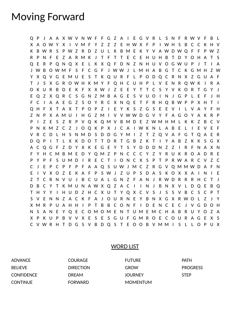 Moving Forward word search with motivational words like courage, confidence, and momentum.