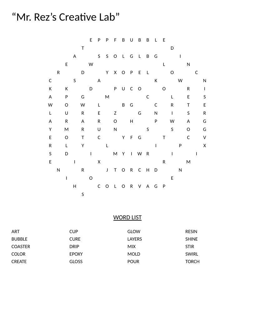 Spiral resin art word search with vocabulary including epoxy, mold, pour, and cure.