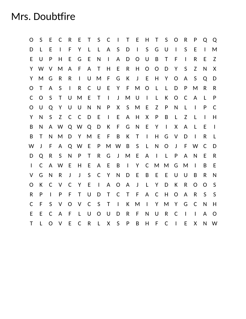 Mrs. Doubtfire word search with words like Robin Williams, prosthetics, and disguise.