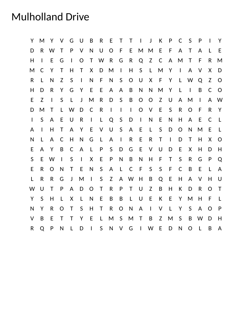 Mulholland Drive word search featuring David Lynch film terms like Club Silencio and noir.