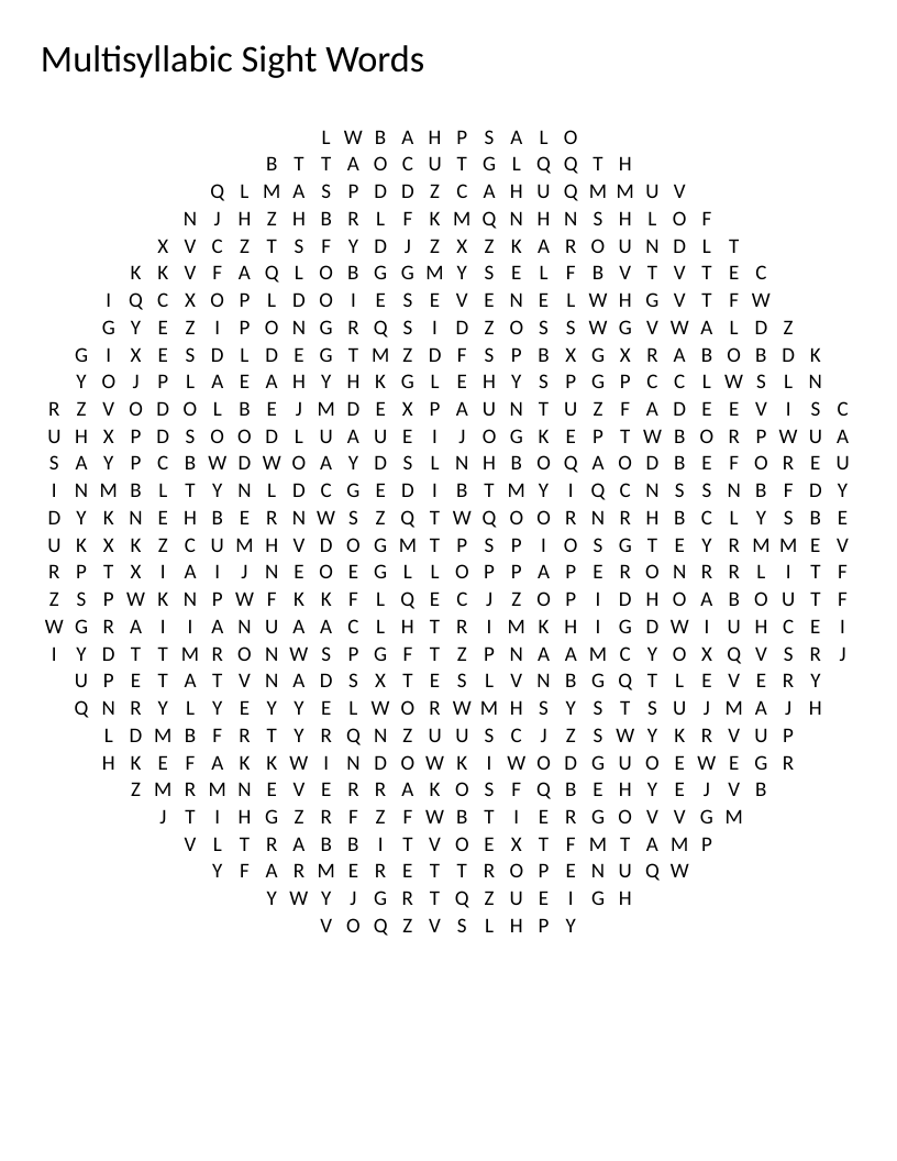 Circle-shaped sight words word search with multisyllabic words like picture, teacher, and family.