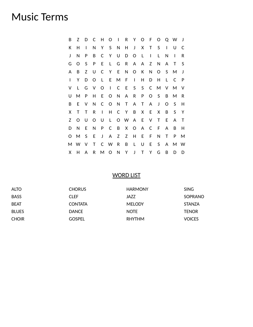 Music terms word search with words like soprano, harmony, rhythm, and melody.