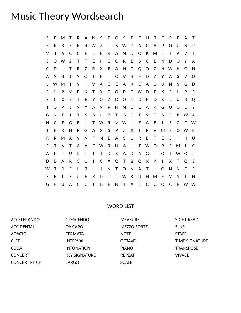 Music theory word search with terms like fermata, crescendo, and key signature.