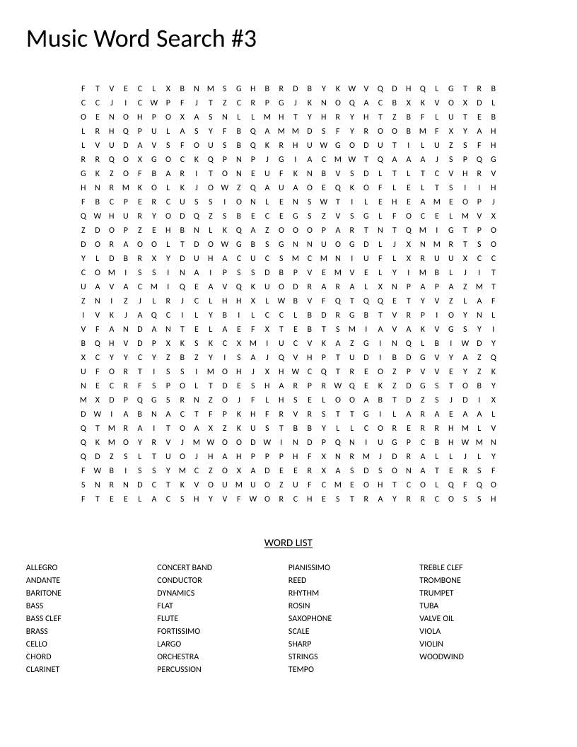 Music theory word search with words like treble clef, allegro, saxophone, and orchestra.