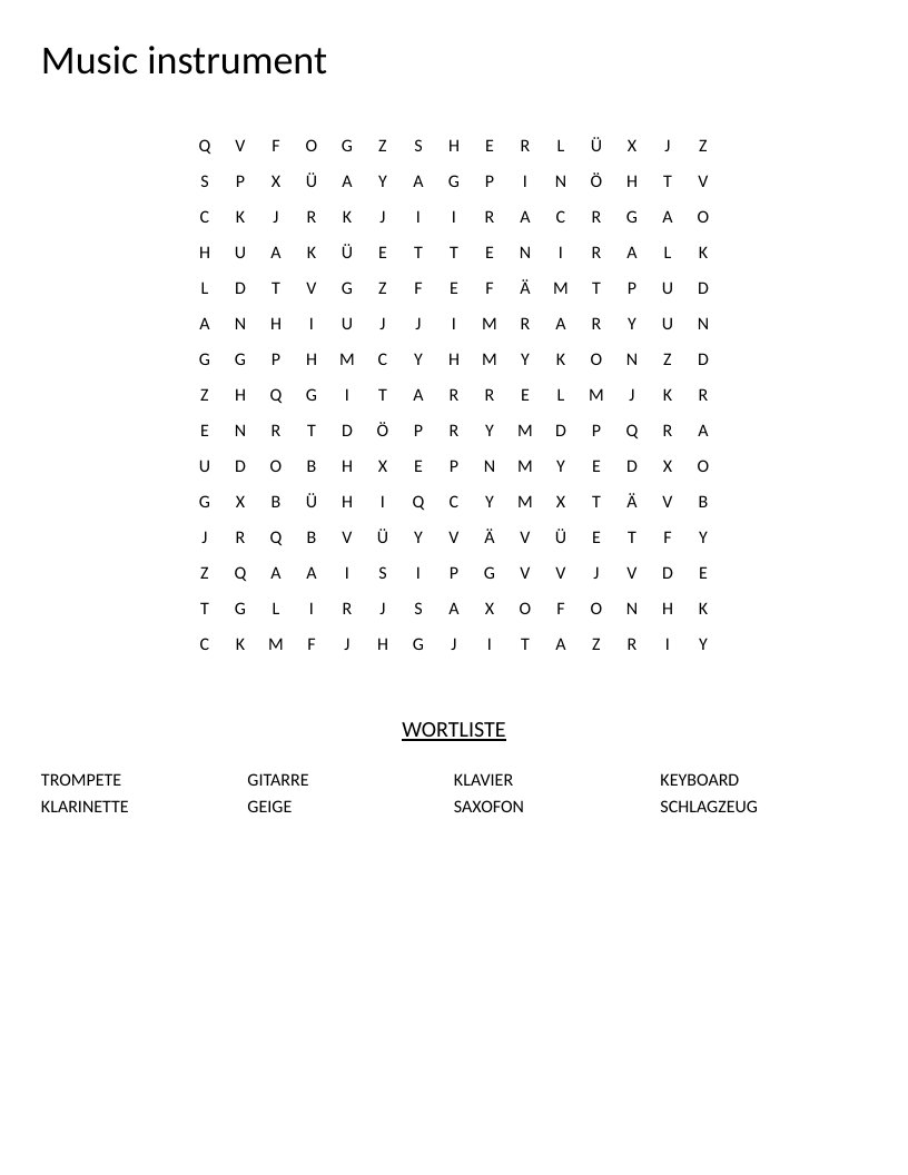 German musical instruments word search with words like Trompete, Gitarre, and Klavier.