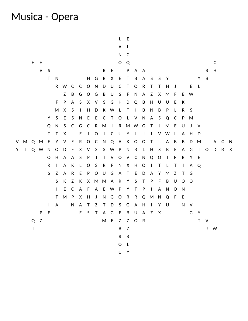 Sun-shaped opera music word search with vocal ranges and musical terms like soprano and conductor.