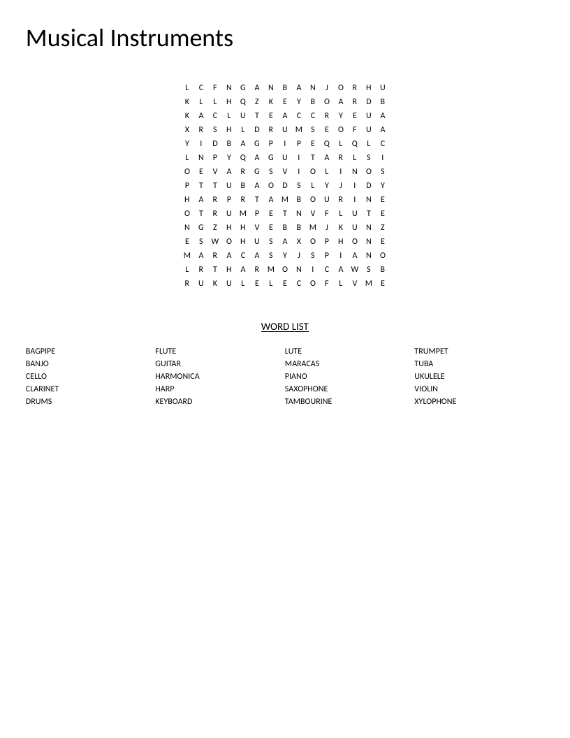 Musical instruments word search with words like violin, saxophone, and xylophone.