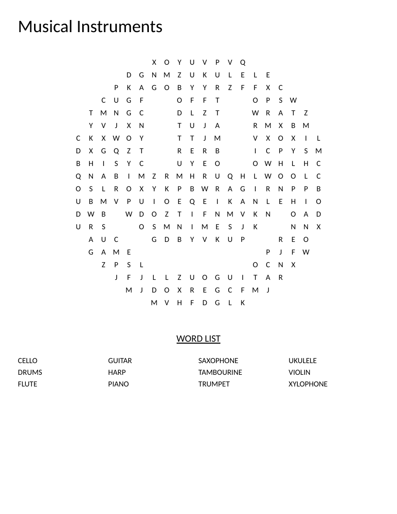 Smiley-shaped musical instruments word search with words like guitar, piano, and violin.