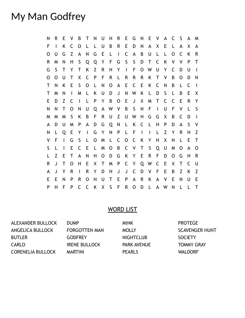 My Man Godfrey word search with classic film references like Waldorf and Irene Bullock.