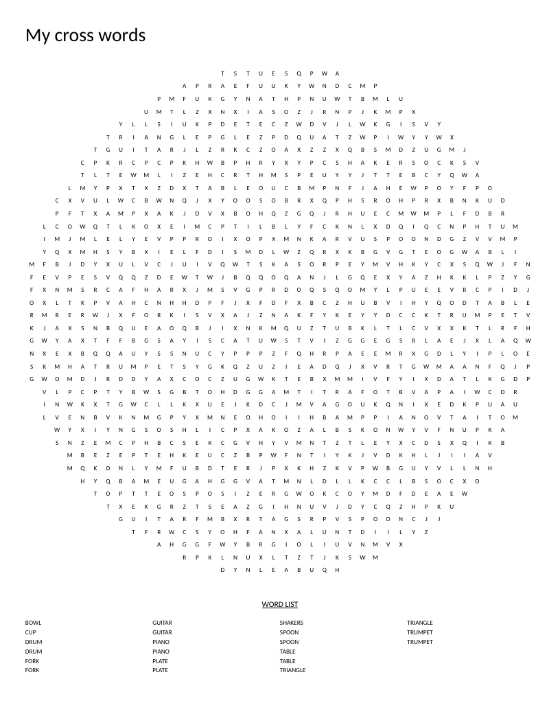 Circular word search with musical instruments and kitchen items like guitar, piano, and drum.