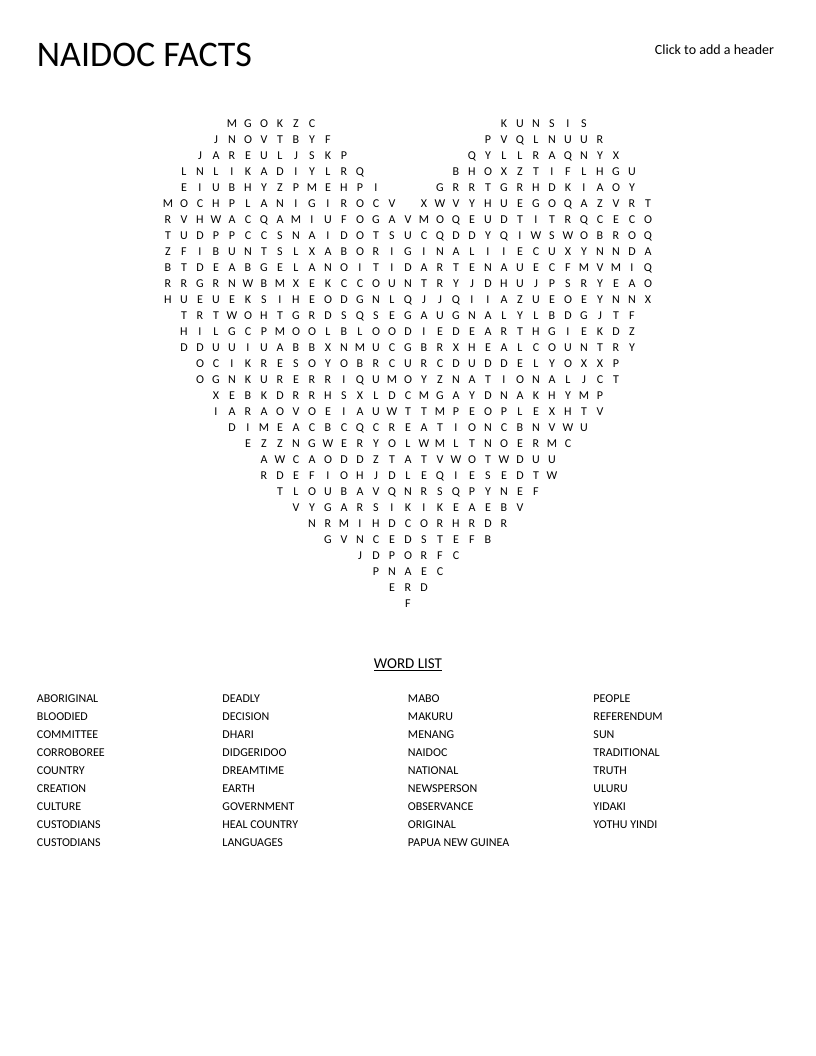 Heart-shaped NAIDOC word search with Indigenous Australian culture words like didgeridoo and Uluru.