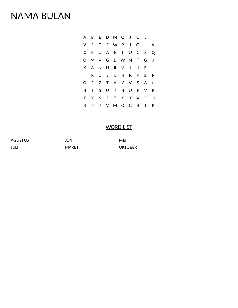 Indonesian months word search with words like Maret, Juni, Juli, and Agustus.