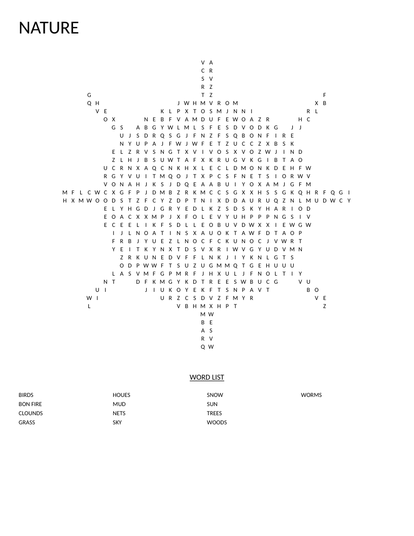 Sun-shaped nature word search with words like trees, birds, bonfire, and snow.