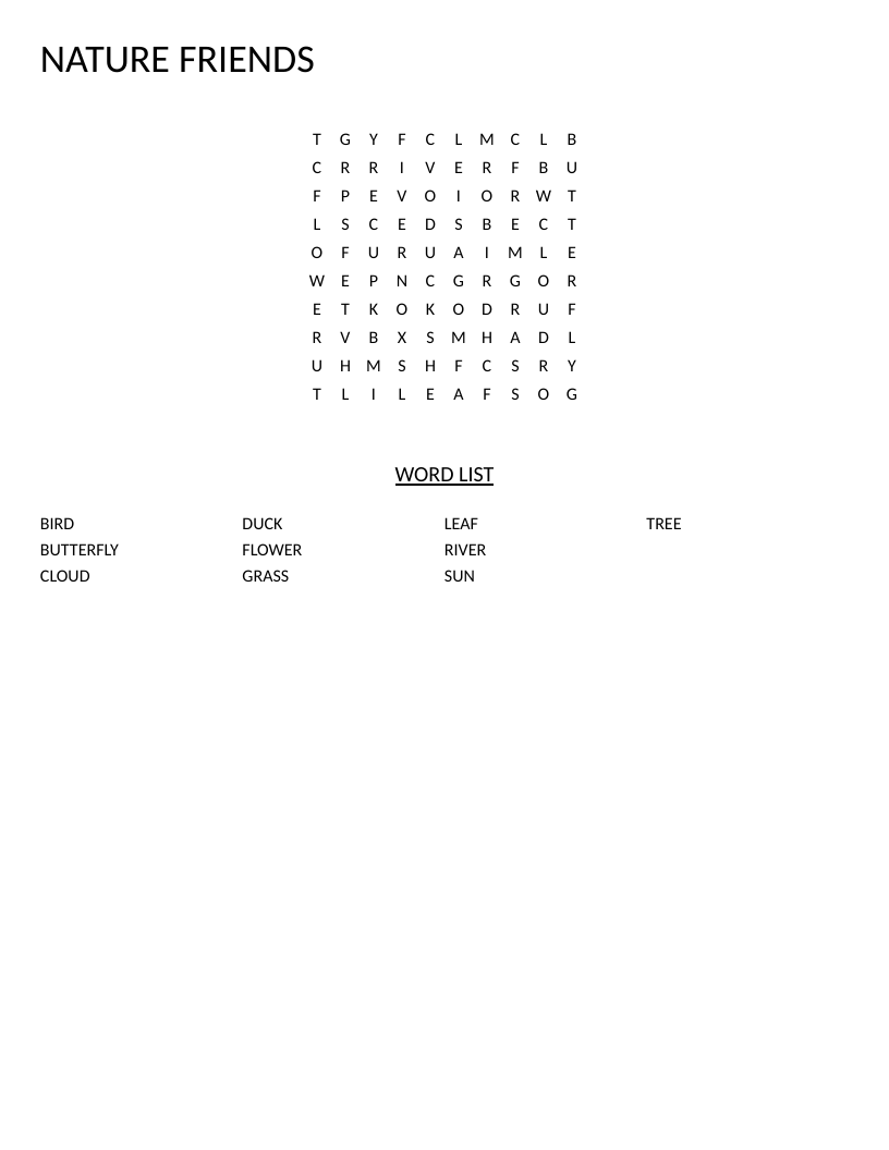 Nature word search for early readers with words like duck, butterfly, flower, and tree.