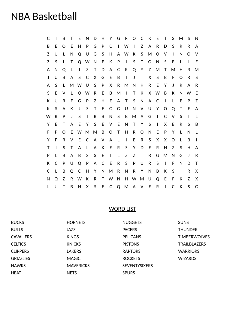 NBA word search with 30 basketball team names including Lakers, Warriors, and Celtics.
