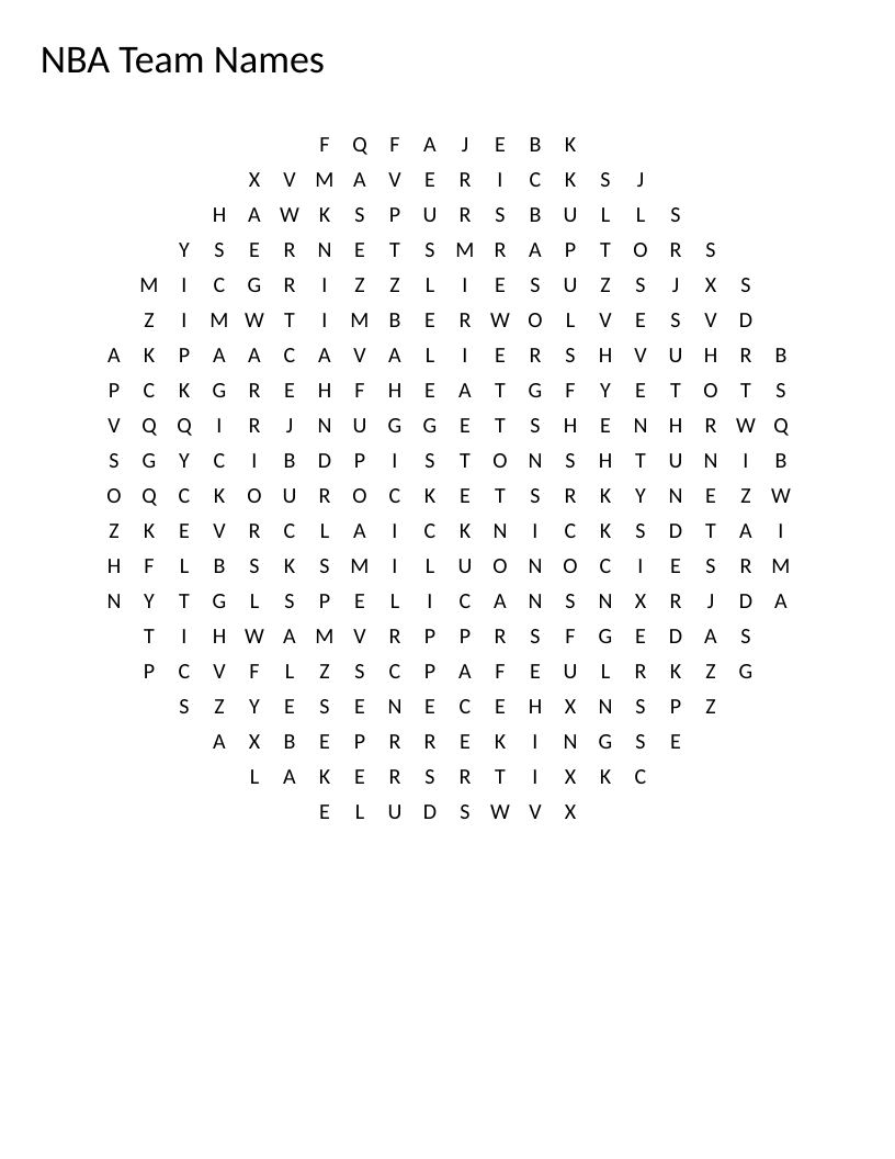 Circle-shaped NBA word search with team names like Lakers, Warriors, and Celtics.