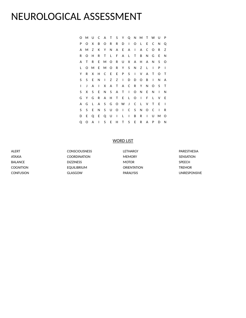 Neurological assessment word search with clinical terms like ataxia, Glasgow, and paresthesia.