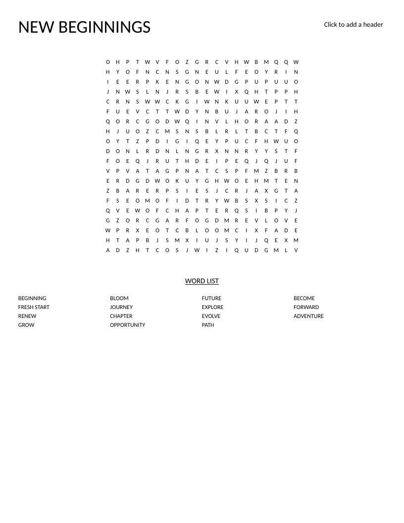 New Beginnings word search with personal growth words like journey, bloom, and adventure.