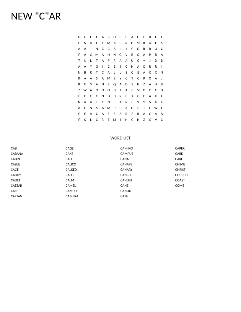 Word search with 42 words starting with the letter \"C,\" including camera, candle, and canary.