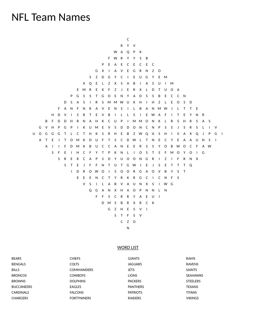 Diamond-shaped NFL team names word search with all 32 professional football teams.
