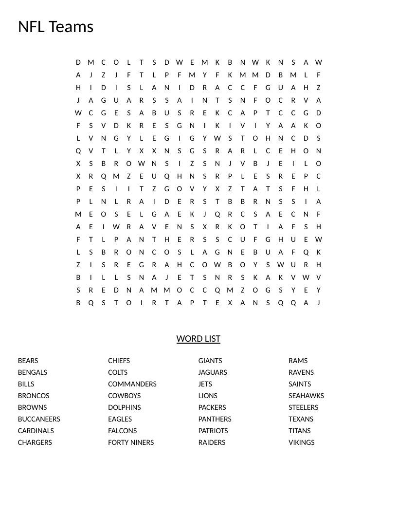 NFL teams word search with 32 professional football team names.