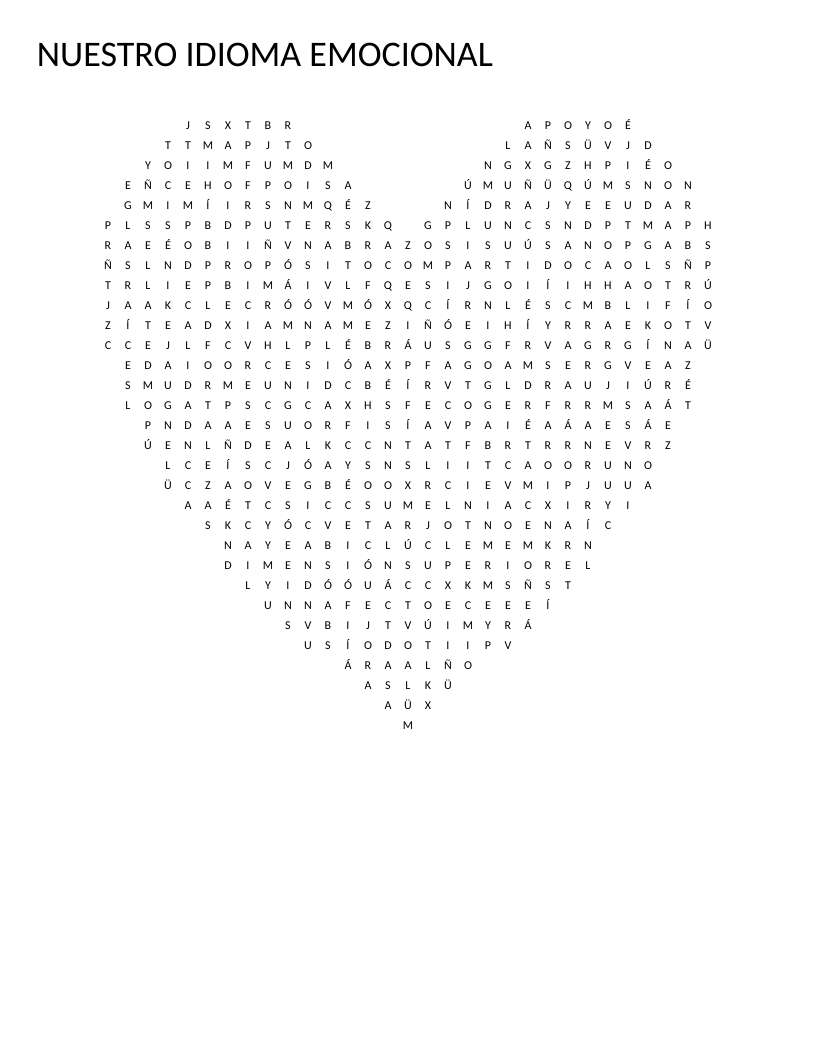 Spanish heart-shaped word search on emotional languages and relationships, with words like validar and afecto.