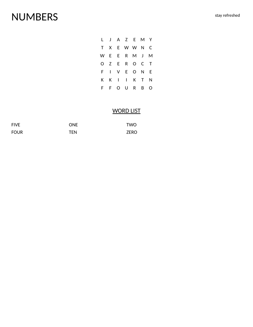 Numbers word search for young learners with words like one, five, and zero.