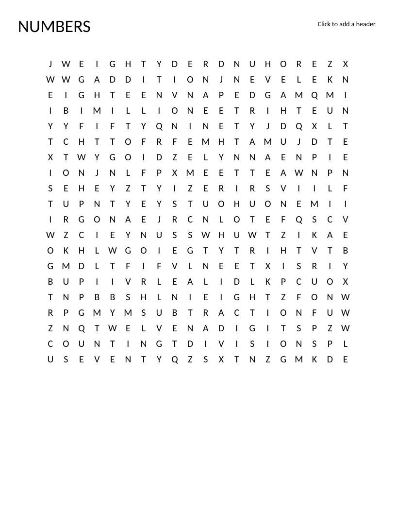 Numbers word search with counting words from zero to billion and arithmetic operations.