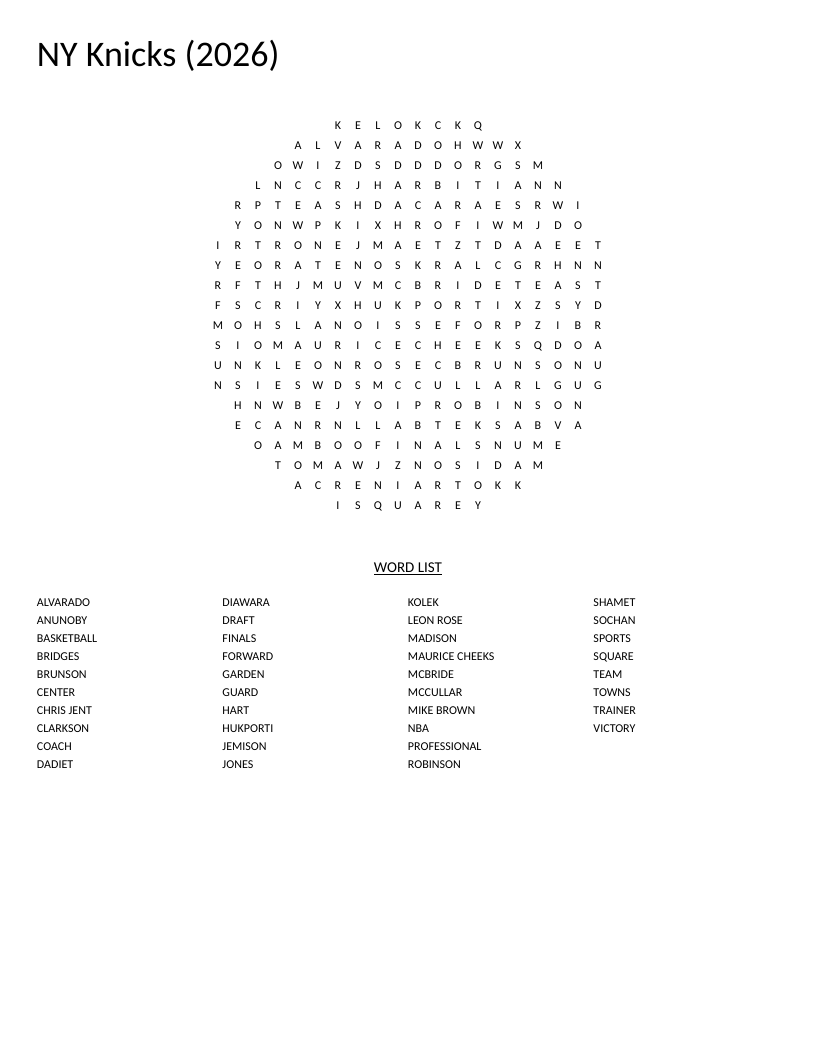 Circle-shaped New York Knicks word search with player names and basketball terms.