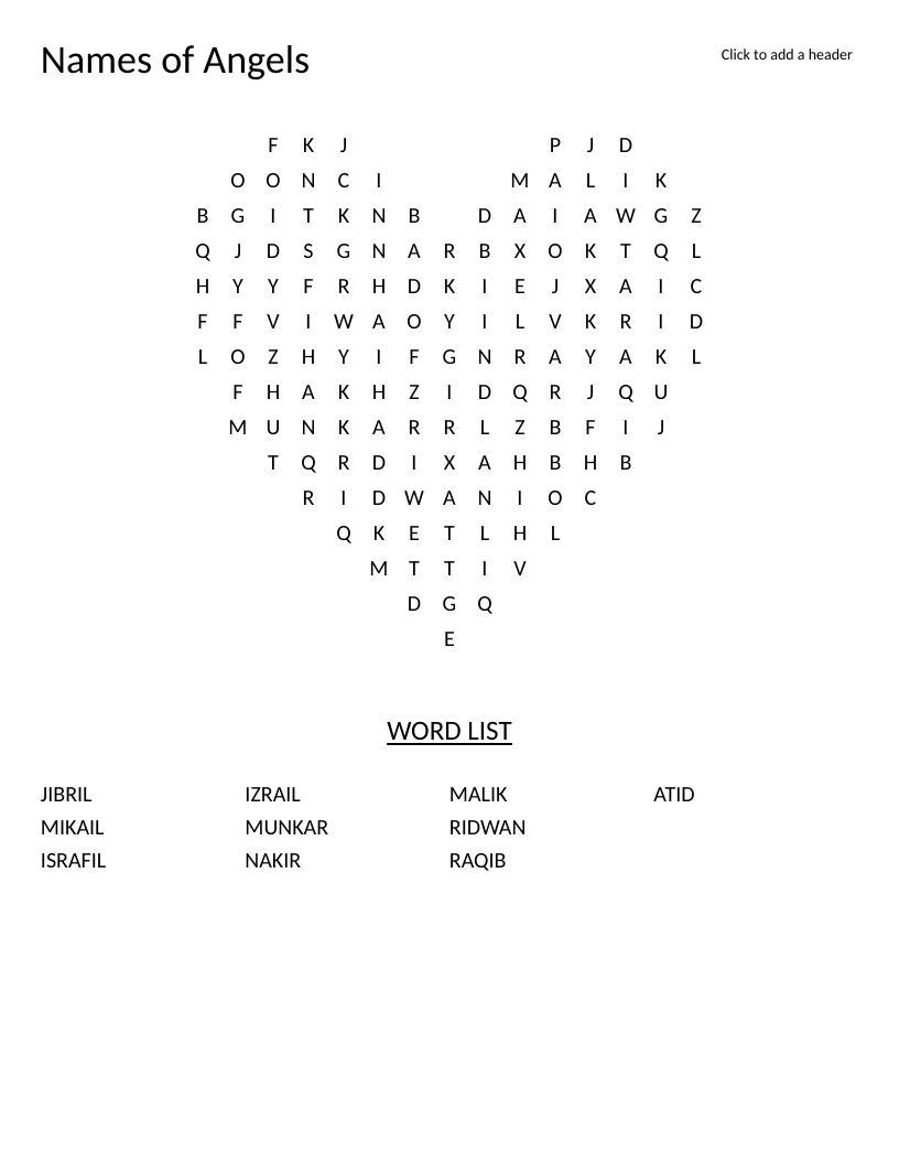 Heart-shaped word search with Islamic angel names including Jibril, Mikail, and Israfil.