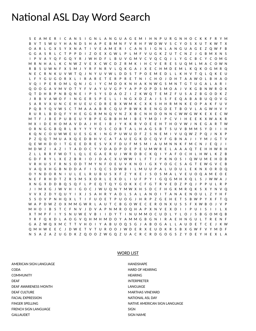 National ASL Day word search with American Sign Language vocabulary including Gallaudet and fingerspelling.