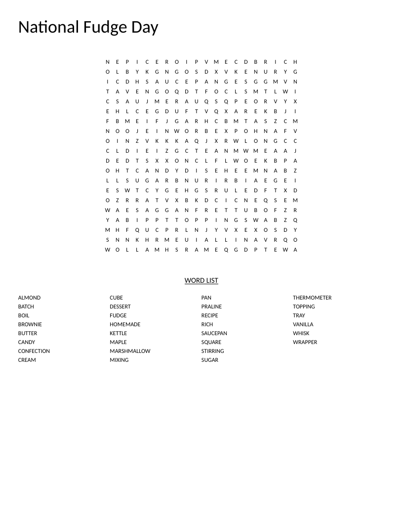 National Fudge Day word search with candy-making words like thermometer, marshmallow, and homemade.
