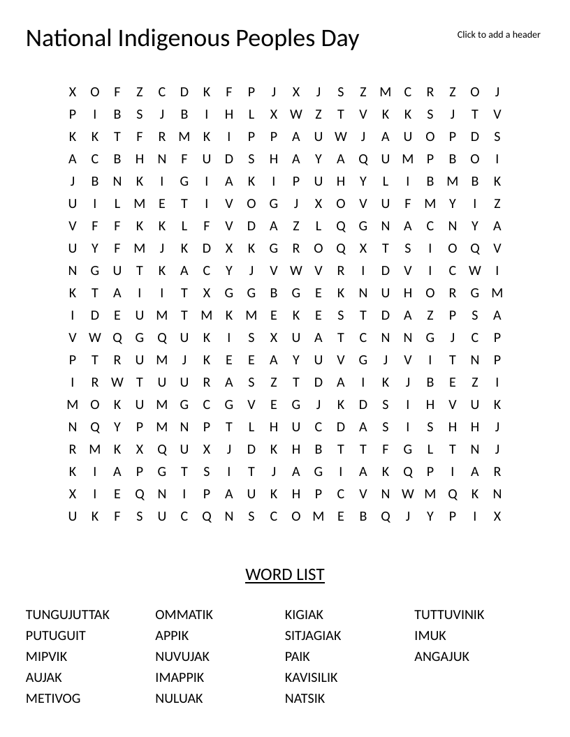Inuktitut word search for National Indigenous Peoples Day with words like natsik and angajuk.