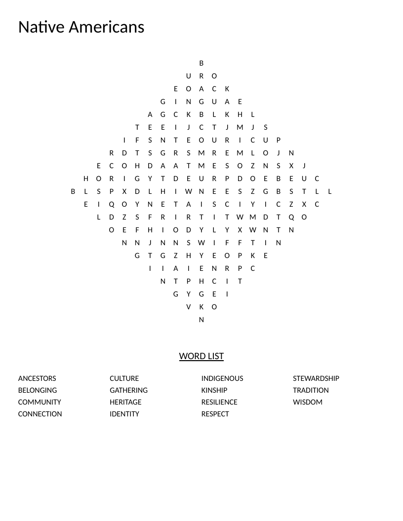 Native Americans word search with words like kinship, heritage, stewardship, and resilience in diamond shape.
