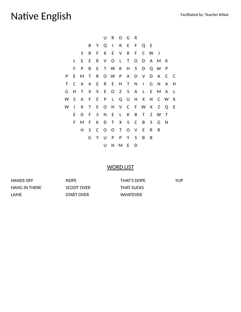 Circle-shaped native English slang word search with expressions like hang in there and that's dope.