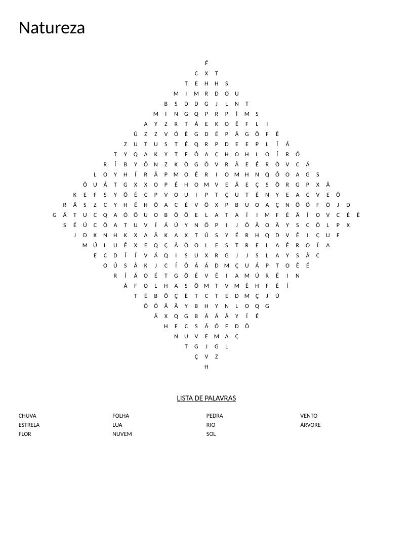Portuguese nature word search with words like árvore, flor, rio, and sol in a diamond shape.