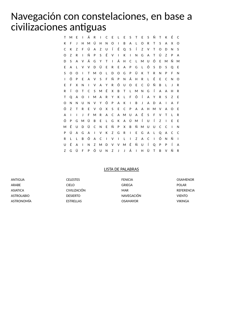 Spanish word search on ancient navigation and constellations with words like astrolabio and Osa Mayor.
