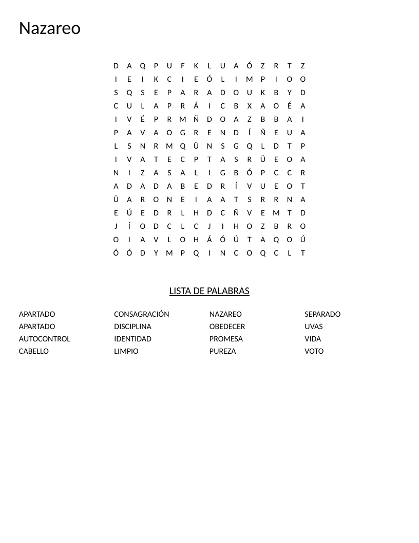 Spanish Nazirite word search with religious vocabulary including promesa, pureza, and consagración.