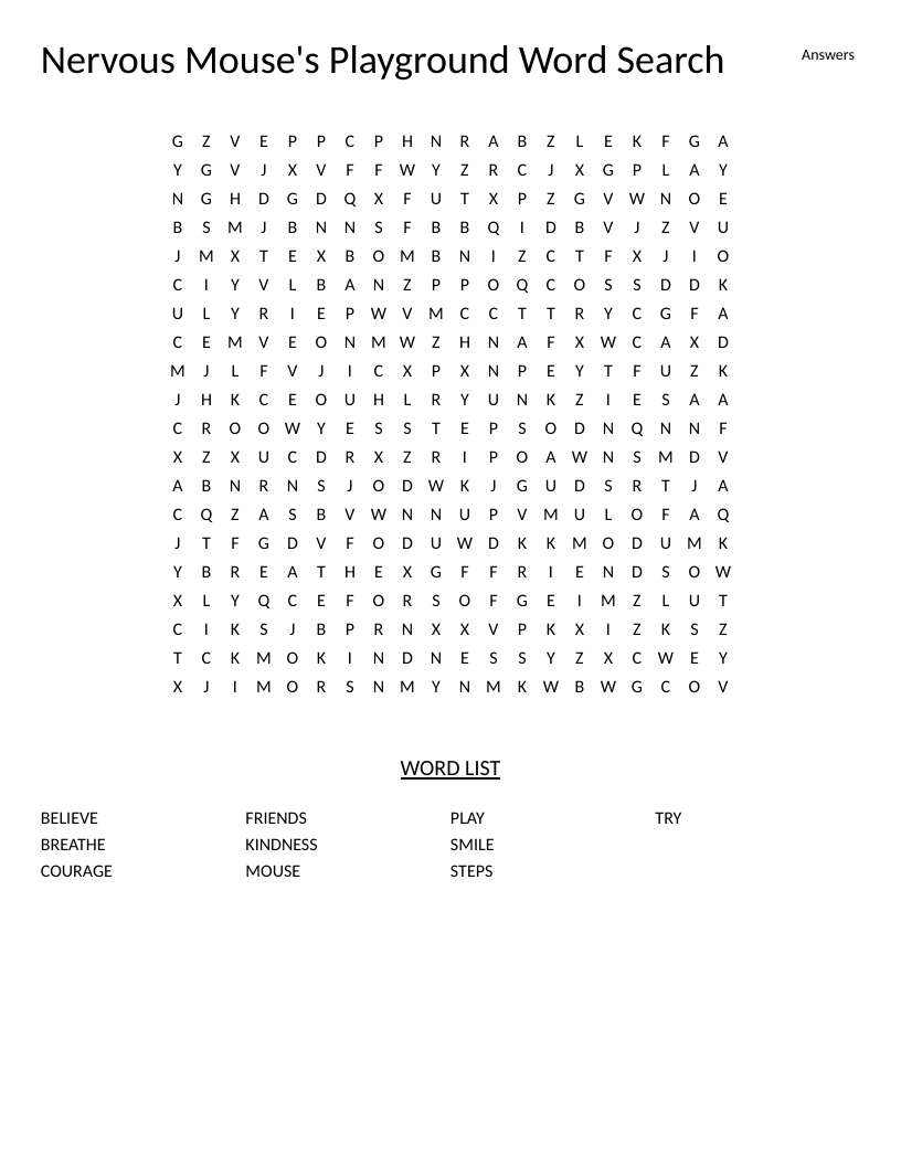 Nervous Mouse's Playground word search with words about courage, kindness, and confidence.