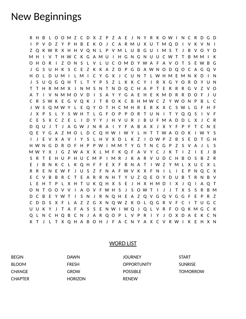 New Beginnings word search with positive vocabulary including bloom, dawn, and horizon.