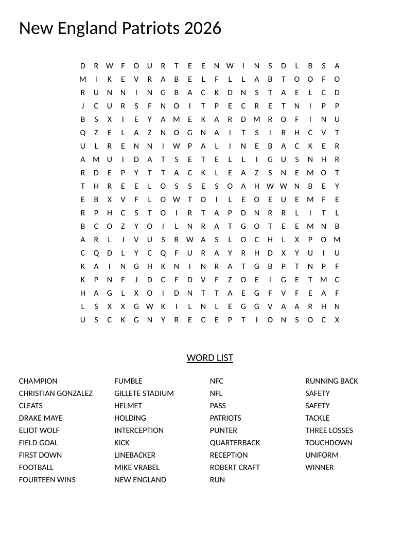 New England Patriots word search with NFL vocabulary including quarterback, touchdown, and Gillette Stadium.