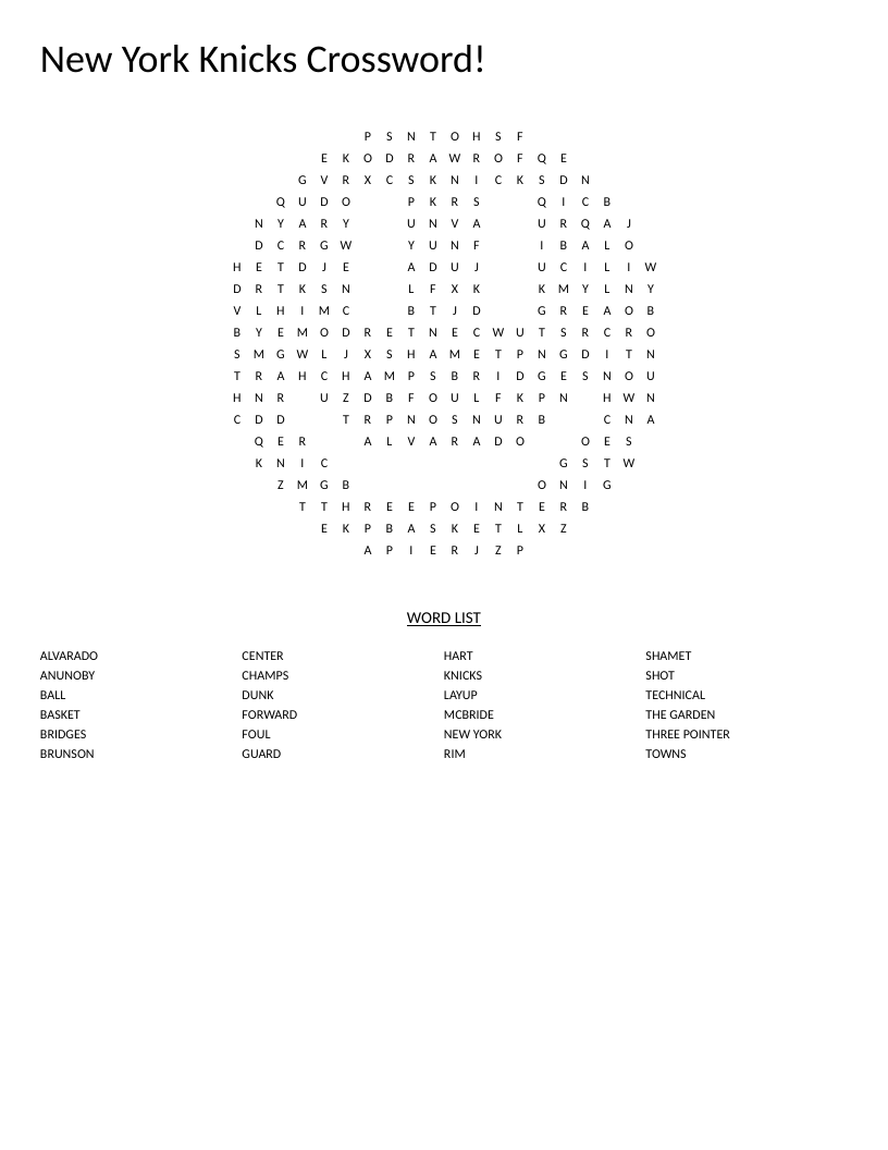 Smiley-shaped New York Knicks word search with player names and basketball terms.