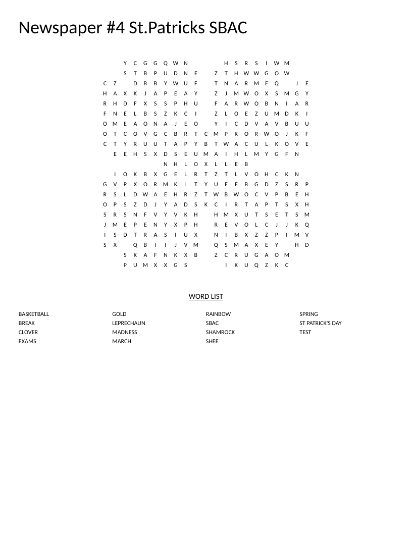 Clover-shaped St. Patrick's Day word search with leprechaun, shamrock, and march madness.
