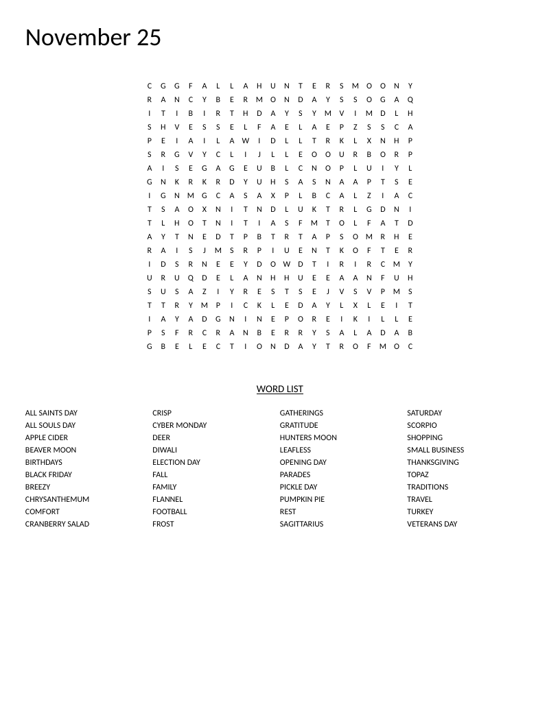 November word search with Thanksgiving, fall, and seasonal words including turkey and pumpkin pie.